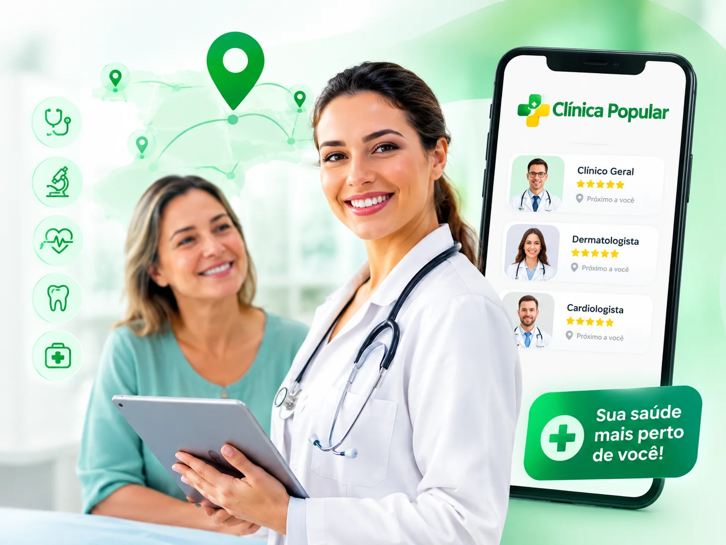 Profissional de saúde atendendo paciente com a ClinicaPopular